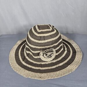Milani Bucket Sun Hat Womens Brown Paper Blend Woven Quilted Trim Floral Accent